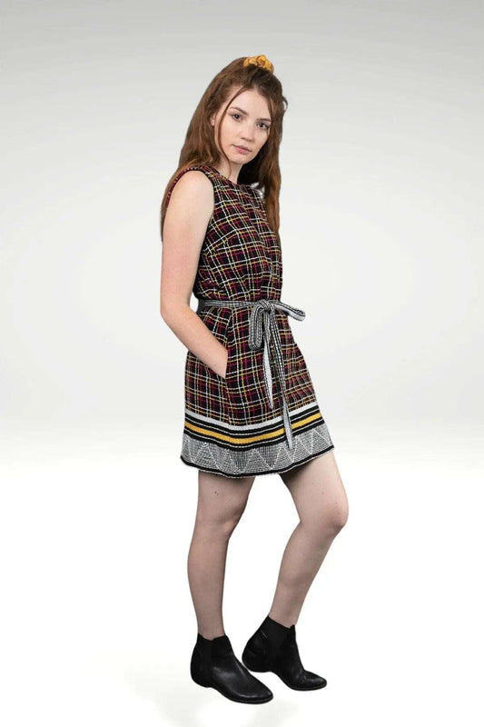 Bella Black Twill Sleeveless Shift Dress with Tartan Check Kantha Embroidery & Belt