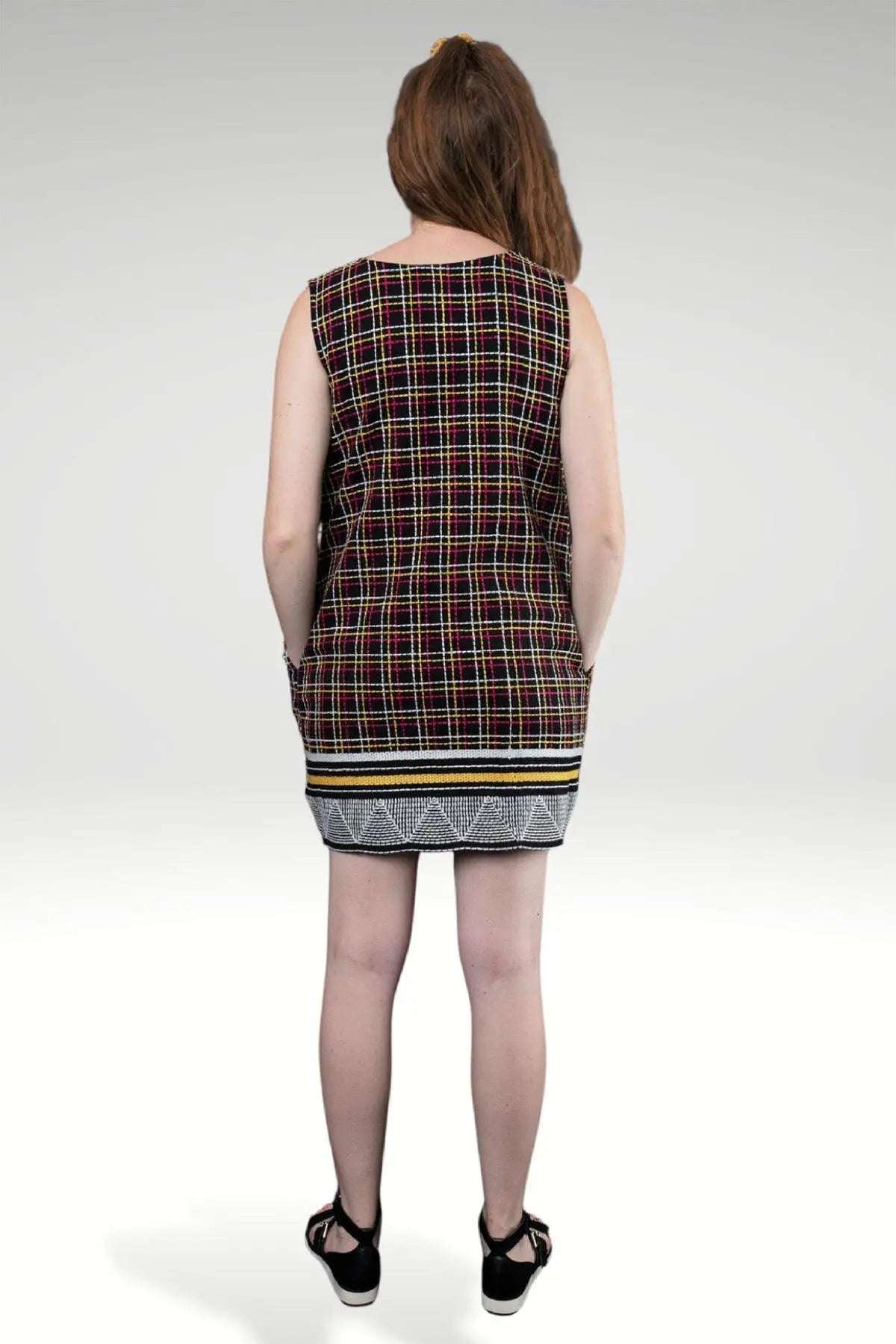 Bella Black Twill Sleeveless Shift Dress with Tartan Check Kantha Embroidery & Belt