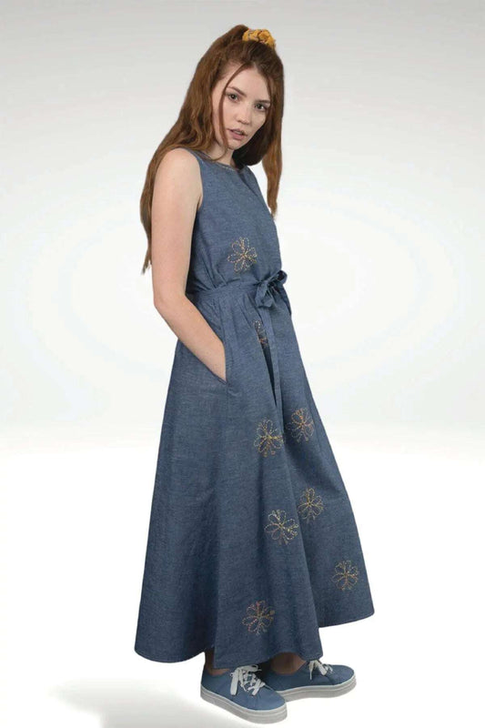 Eshe Blue Chambray Hand Embroidered Yellow Floral Sleeveless Maxi Dress with Belt