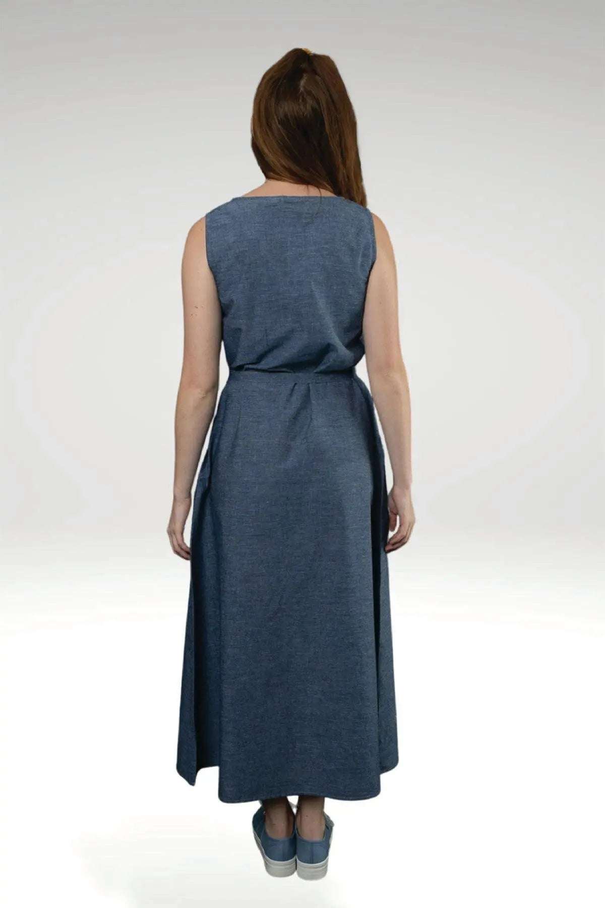 Eshe Blue Chambray Hand Embroidered Yellow Floral Sleeveless Maxi Dress with Belt