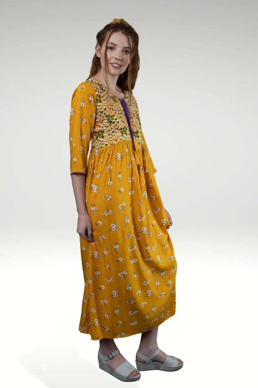 Marigold Yellow Floral Viscose Rayon Midi Dress Boho