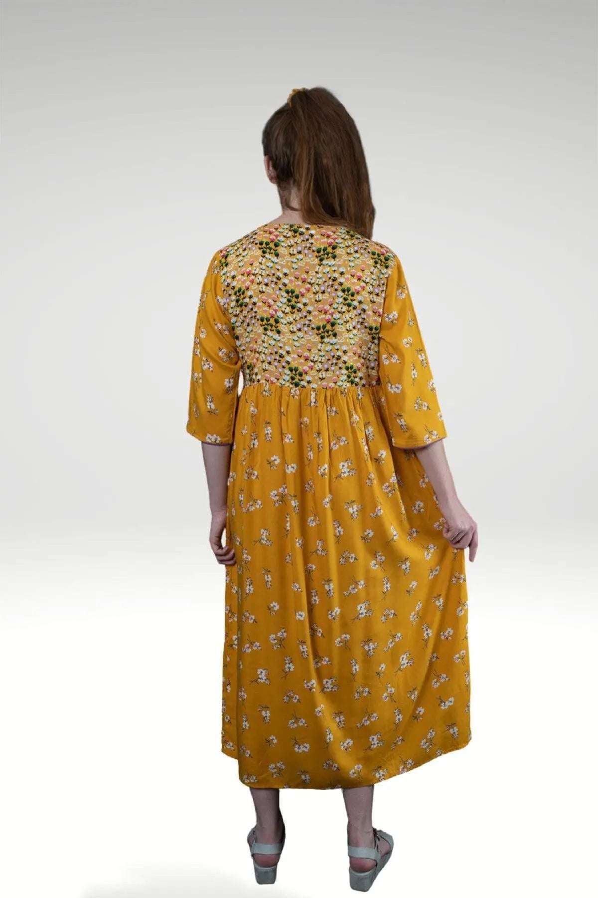 Marigold Yellow Floral Viscose Rayon Midi Dress Boho