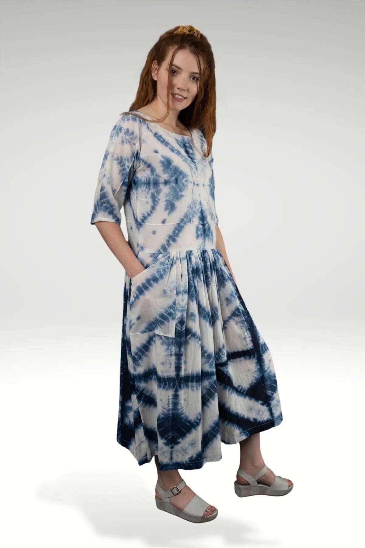 Noreen White Cotton Voile Indigo Shibori Maxi Dress with Pintucks & Elbow Sleeves