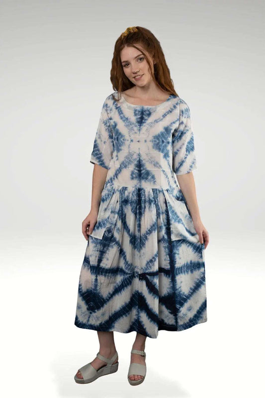 Noreen White Cotton Voile Indigo Shibori Maxi Dress with Pintucks & Elbow Sleeves