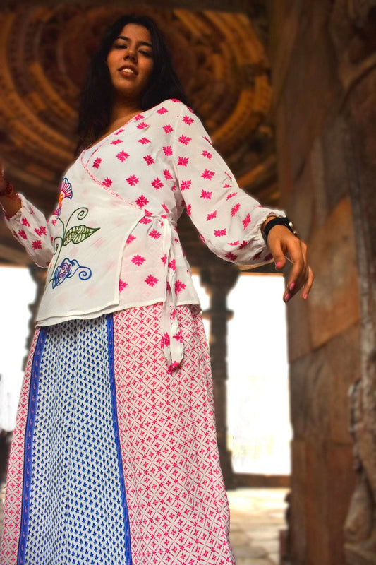 Ayse Hand Printed & Embroidered Wrap Crossover Top