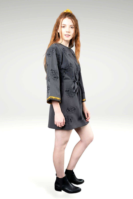 Abigail Grey Polyester Embroidered Dress with Black Floral Threadwork & Black Bead Highlights