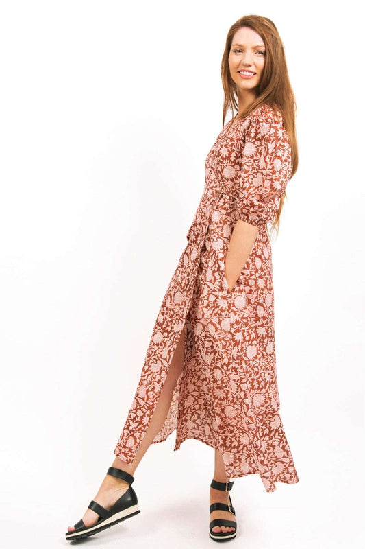 Zephyr Floral Cotton Hand Block Printed Wrap Crossover Dress