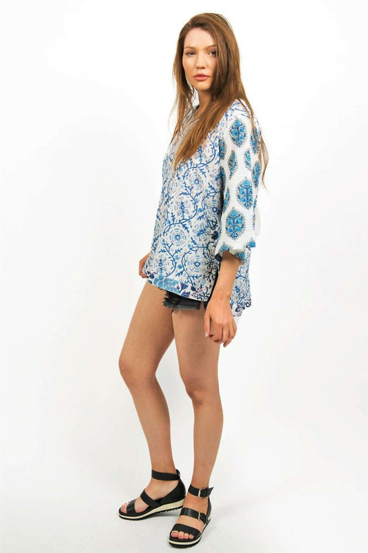 Annisa Fine Cotton Handprinted Side-tie Top- white/blue