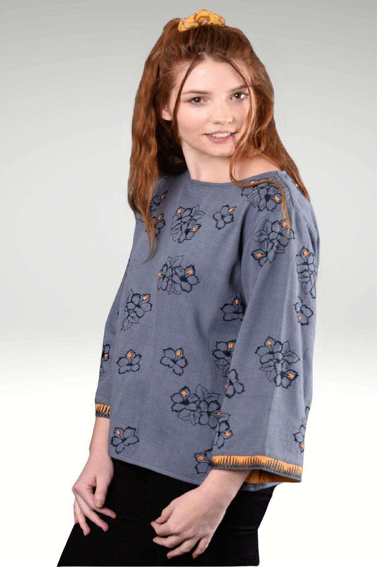 Arabella Grey Twill Top with Black Floral Embroidery & Yellow Bead Highlights