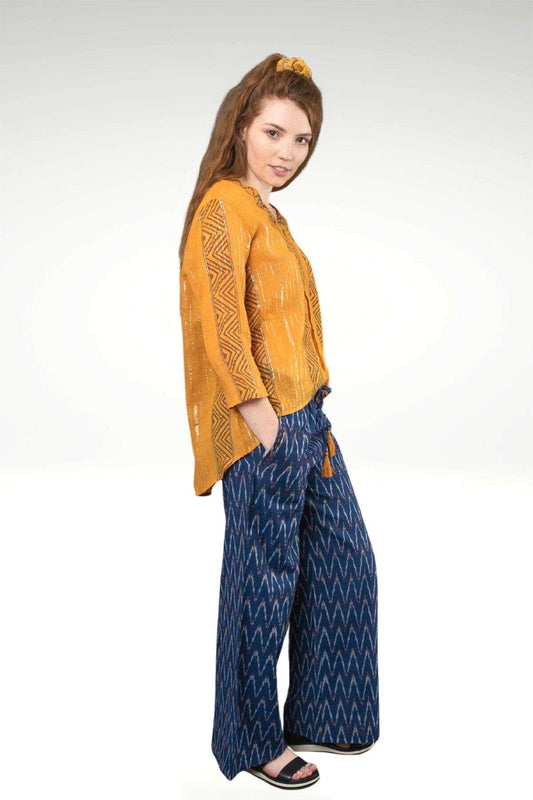 Kia Blue Ikat Cotton Straight Leg Boho Pants