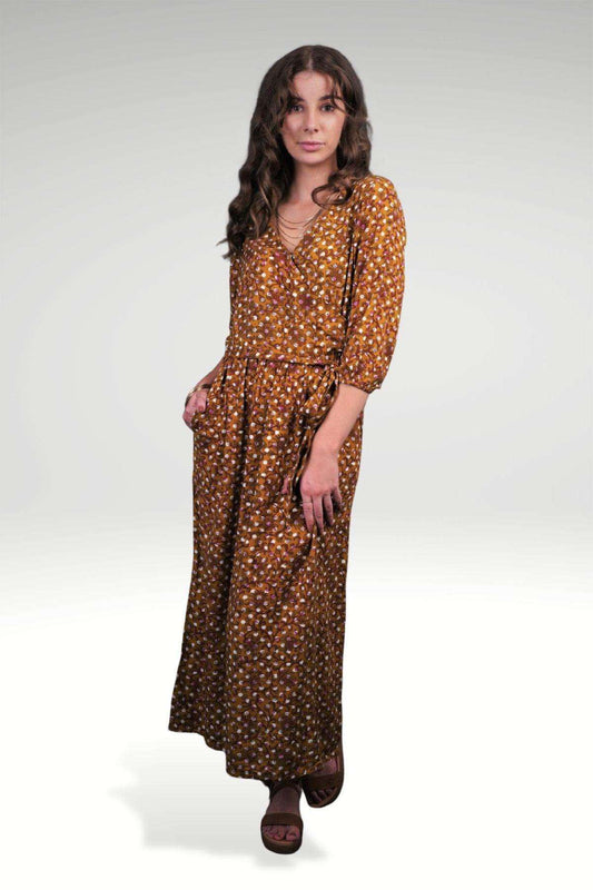 Bahnaz Mustard Polka Dot Block Print Viscose Boho Dress