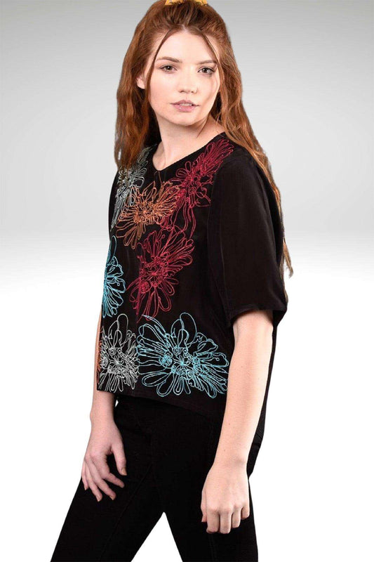 Carmen Black Viscose Crepe Floral Embroidered Short Sleeve Boho Top