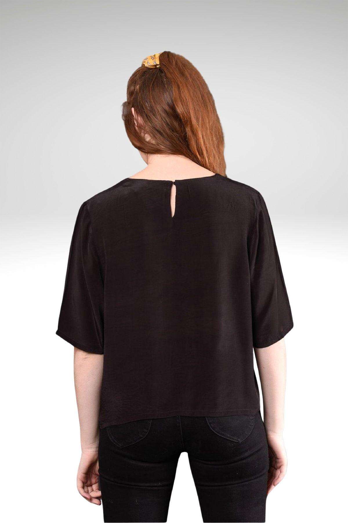 Carmen Black Viscose Crepe Floral Embroidered Short Sleeve Boho Top