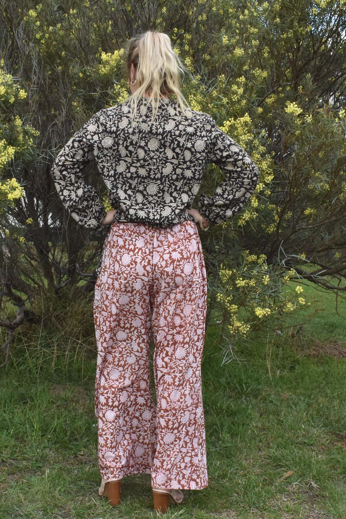 Sable Cotton Floral Hand Block Print Top with Waist tie