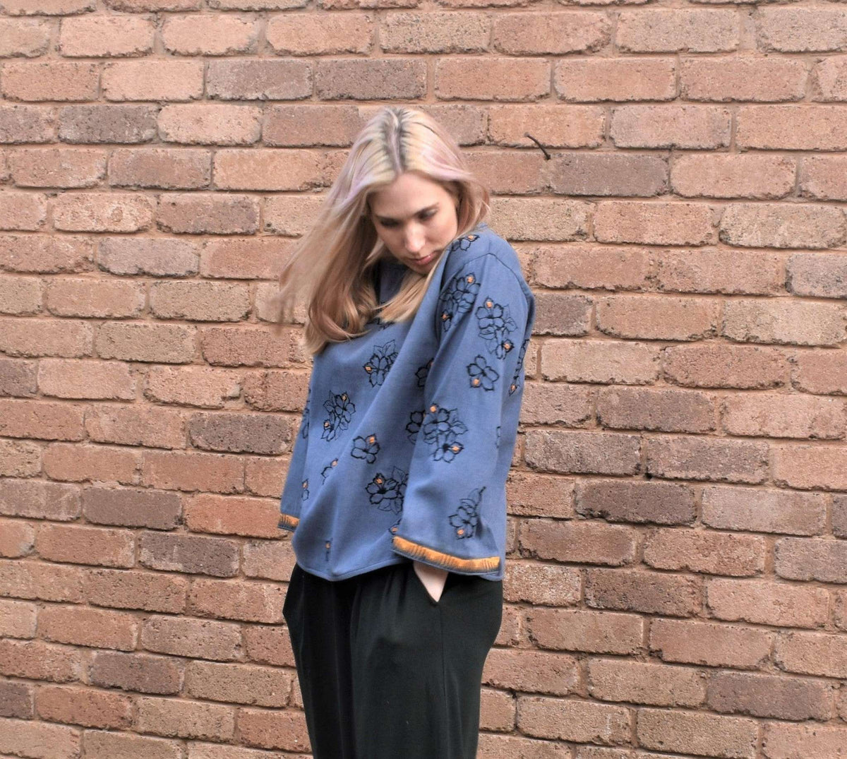 Arabella Grey Twill Top with Black Floral Embroidery & Yellow Bead Highlights