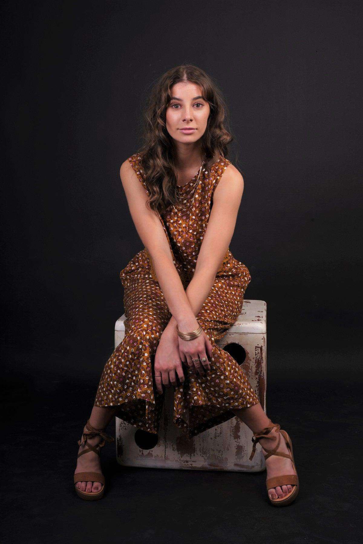 Shaima Mustard Polka Dot Block Print Viscose Boho Wide Leg Pants