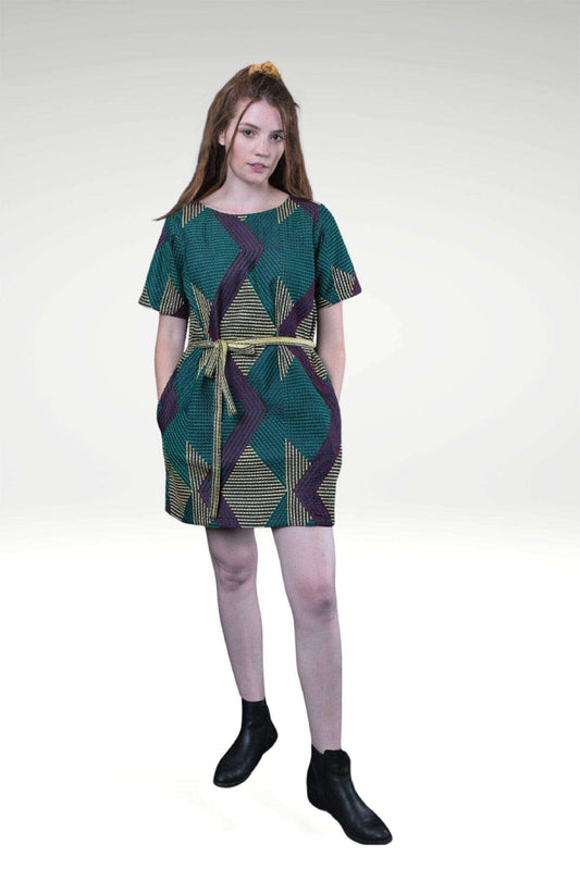 Donatella Dark Denim Shift Dress with Geometric Kantha Embroidery & Self-Fabric Belt