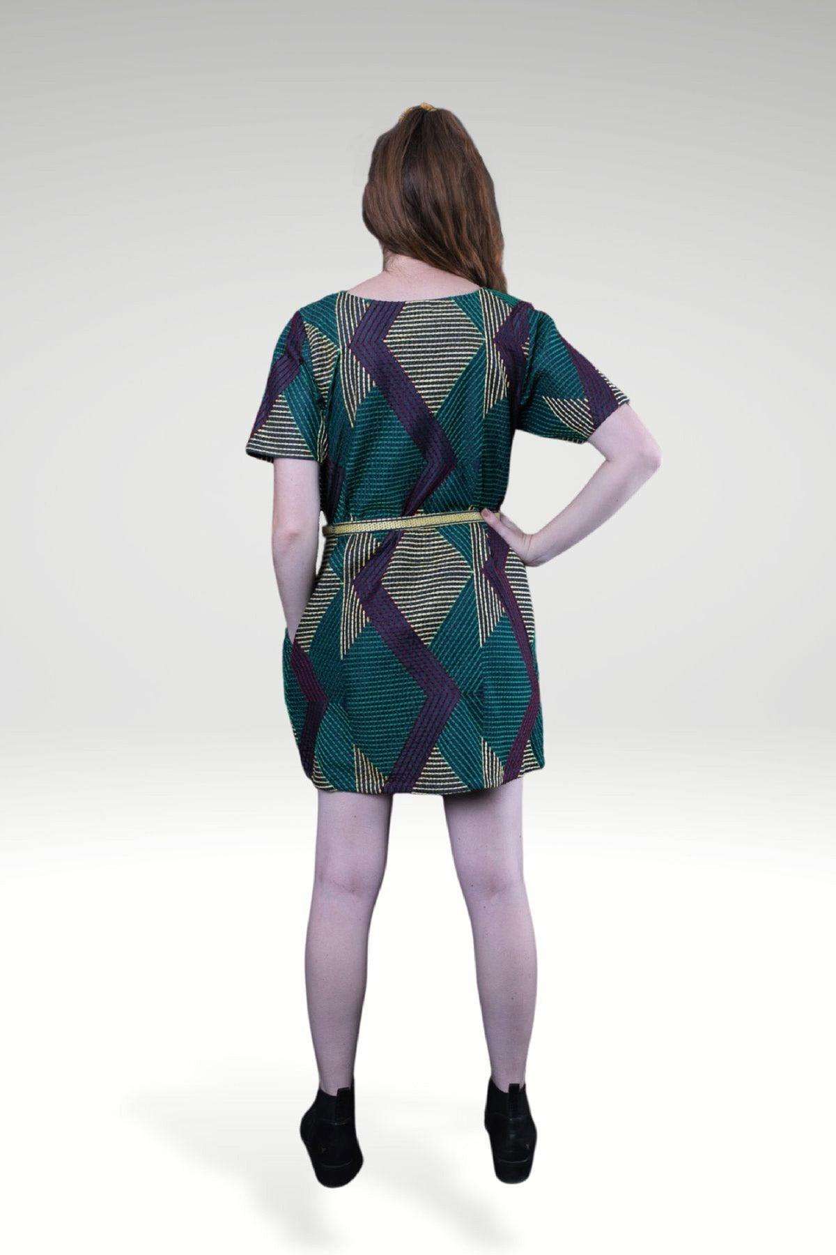 Donatella Dark Denim Shift Dress with Geometric Kantha Embroidery & Self-Fabric Belt