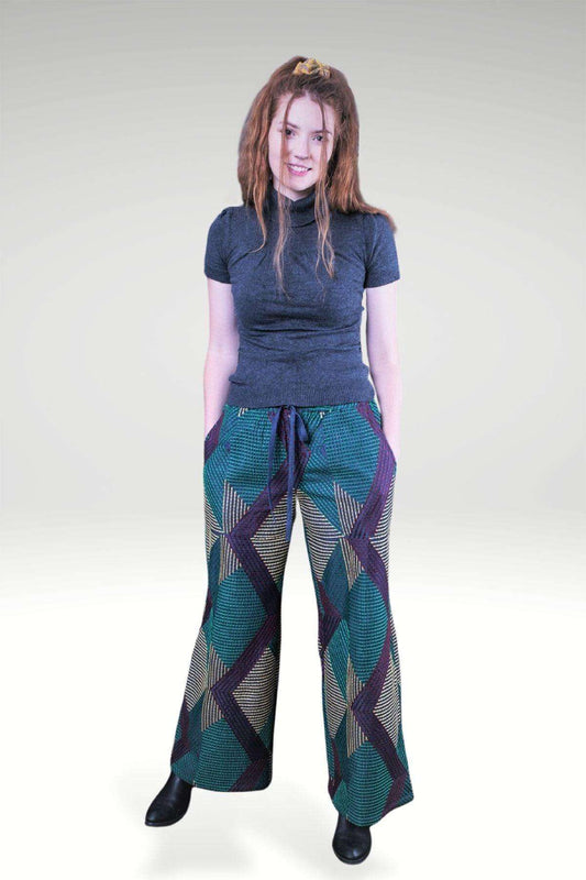 Donatella Dark Denim Wide Leg Bootcut Pants with Geometric Kantha Embroidery