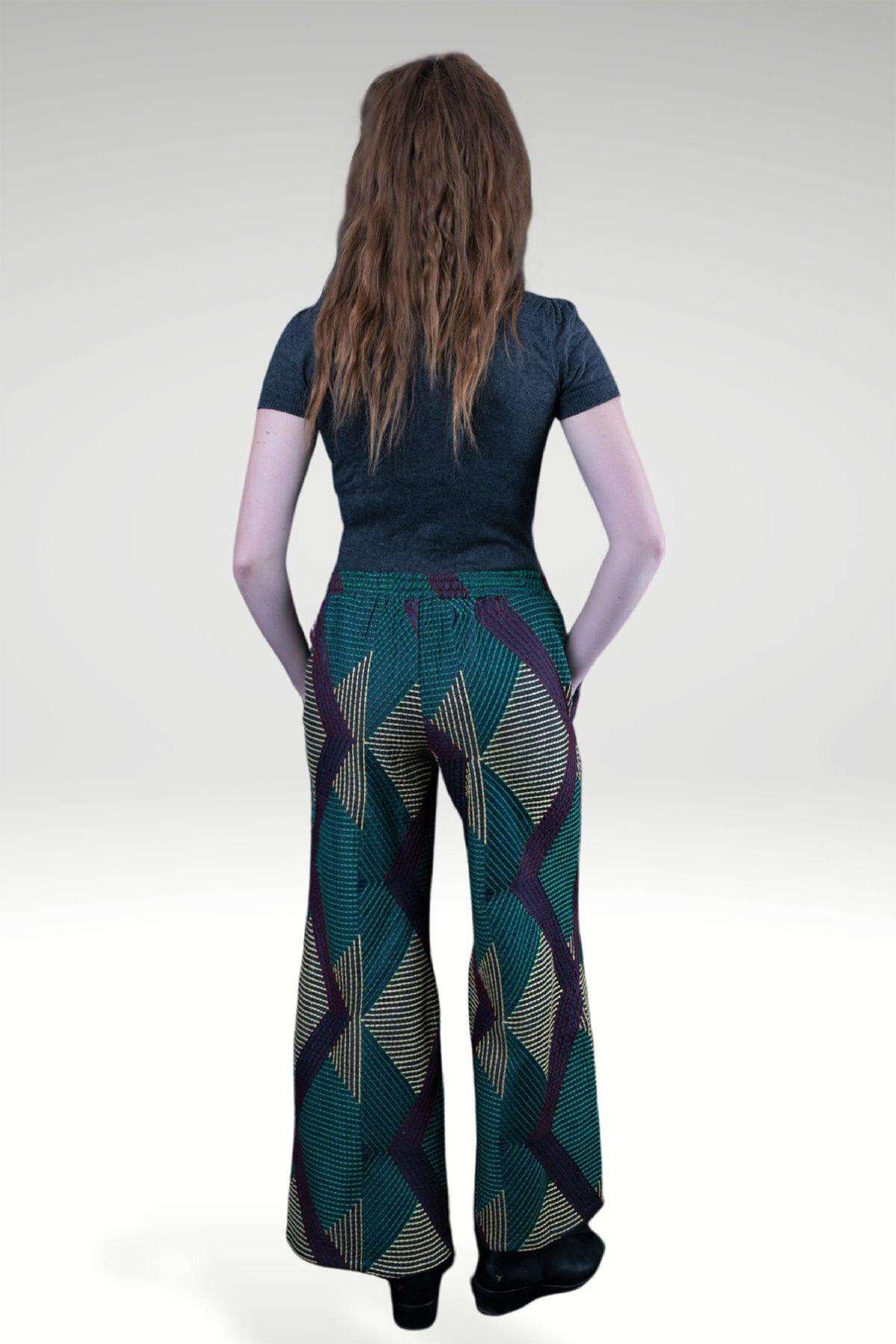 Donatella Dark Denim Wide Leg Bootcut Pants with Geometric Kantha Embroidery