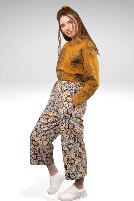 Dorian Brown Turquoise Moroccan Print Cotton Twill High Waist Pants