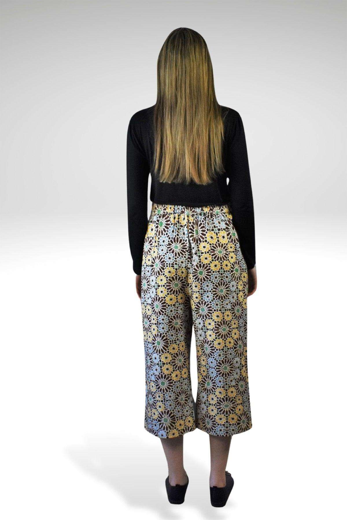 Dorian Brown Turquoise Moroccan Print Cotton Twill High Waist Pants