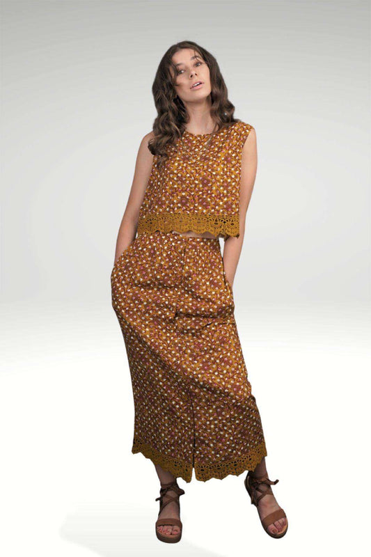 Azalea Mustard Polka Dot & Fuchsia Block Print Viscose Crop Top with Crochet Lace Hem