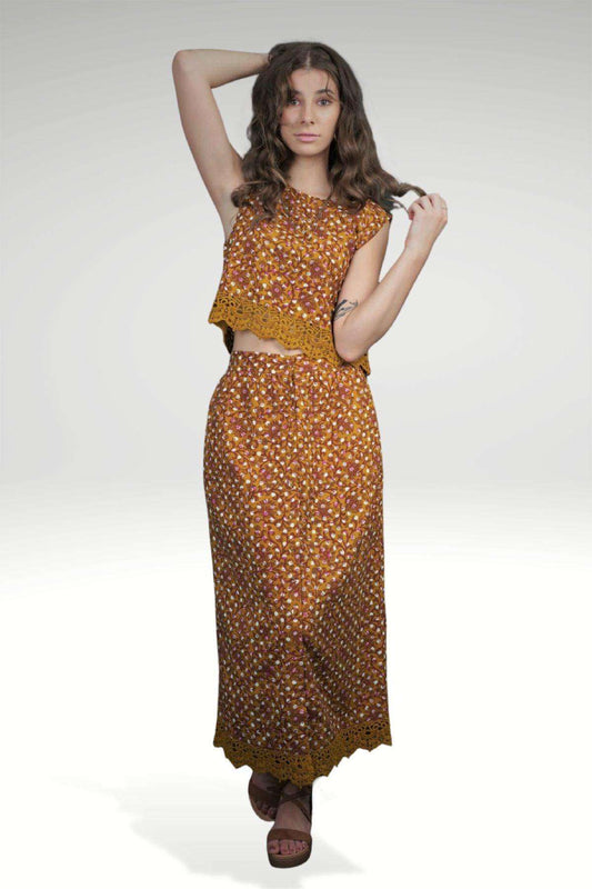 Grace Mustard Polka Dot Block Print Viscose Boho Skirt