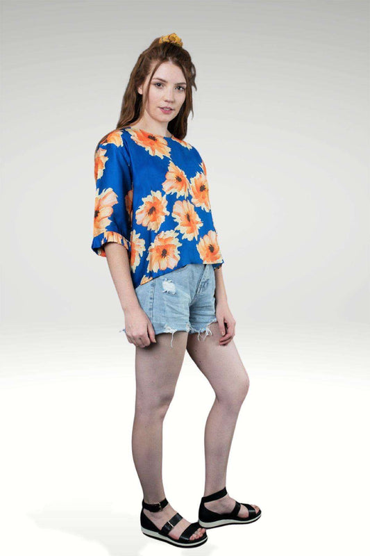 Lara Tonal Floral Print Modal Satin Boxy Top with Pleated Sleeve