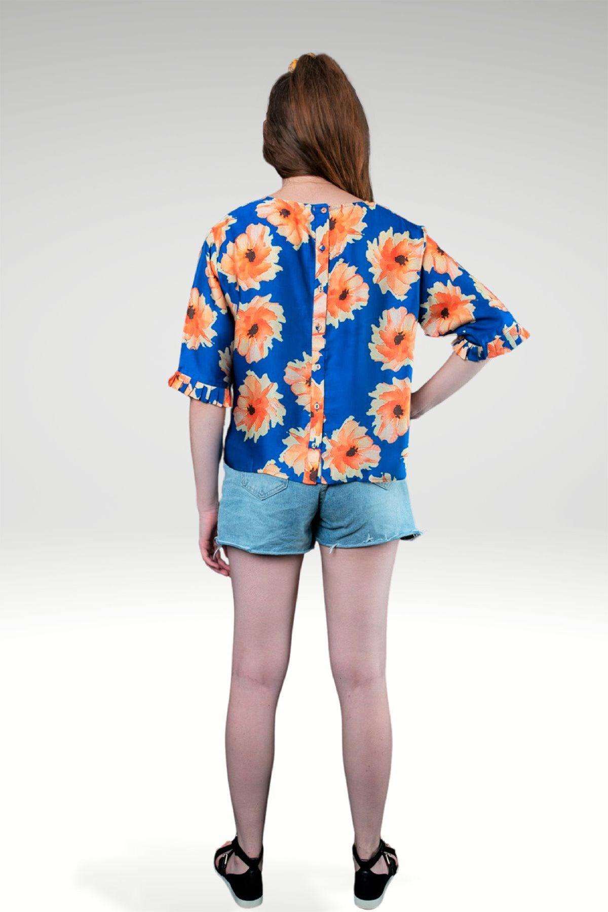 Lara Tonal Floral Print Modal Satin Boxy Top with Pleated Sleeve