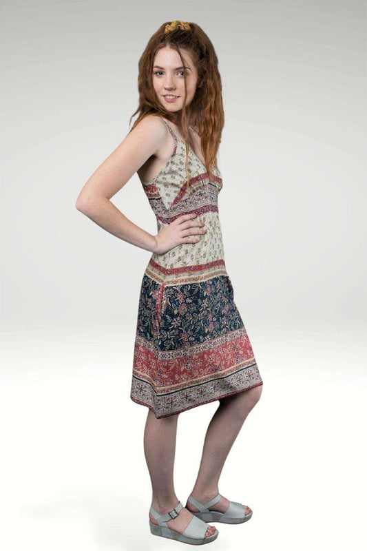 Nahal Beige Pink Tonal Border Print Rayon Slip Dress