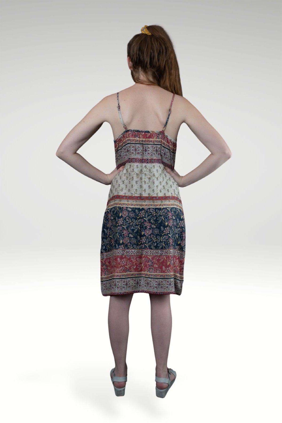 Nahal Beige Pink Tonal Border Print Rayon Slip Dress