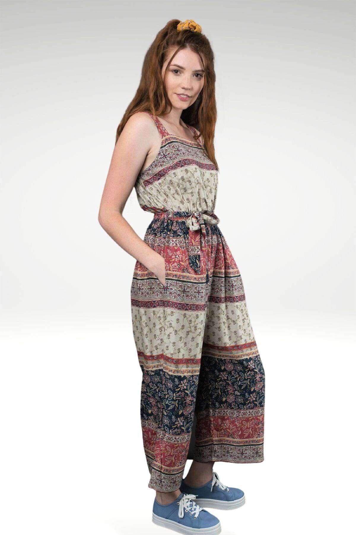 Niki Beige Pink Tonal Border Print Rayon Jumpsuit