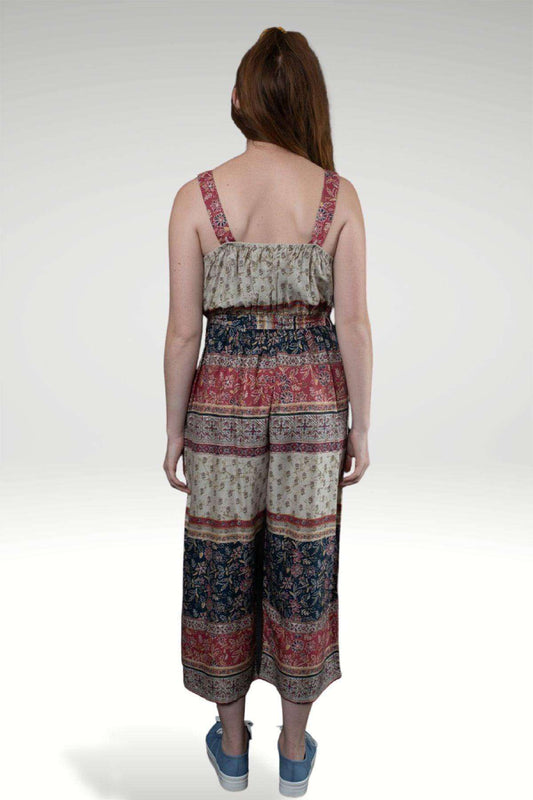 Niki Beige Pink Tonal Border Print Rayon Jumpsuit