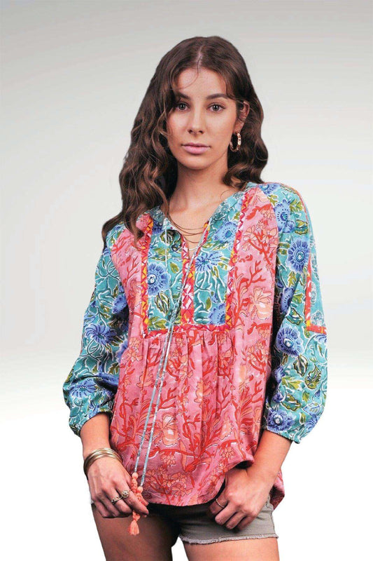 Aleena Pink Patchwork Hand Block Printed Cotton Boho Top