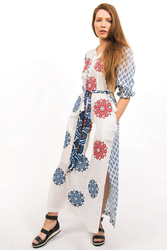 Astral Embroidered front Cotton Maxi Dress with Printed Back and sleeves