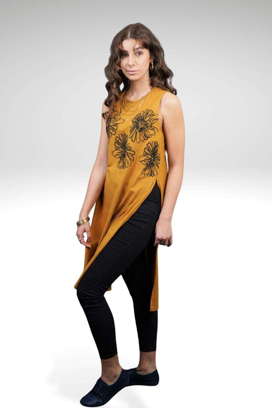 Bernice Mustard Black Floral Embroidered Beaded Cotton Long Top