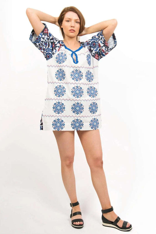 Celeste White Mandala Embroidered Cotton Boho Mini Dress