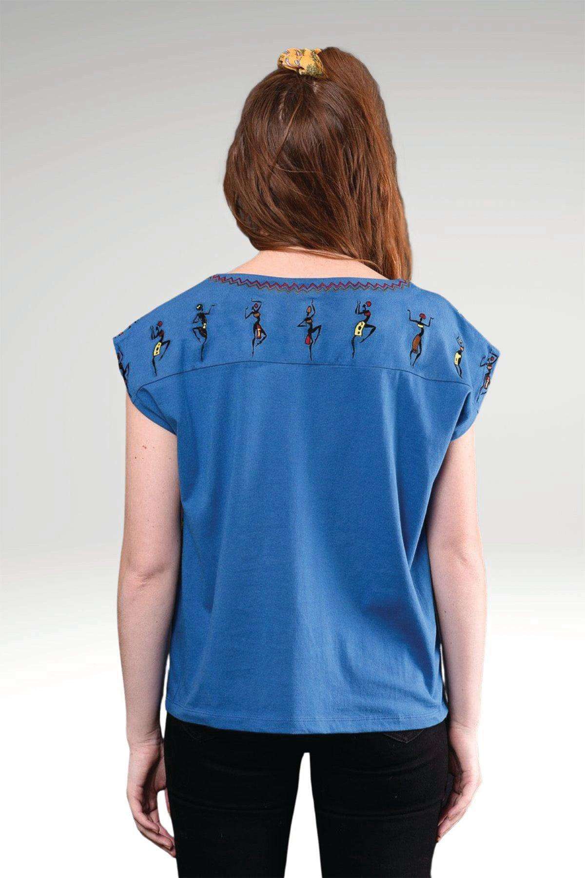 Farica African Dancing Figure Printed & Embroidered Cotton Jersey Sleeveless Tee