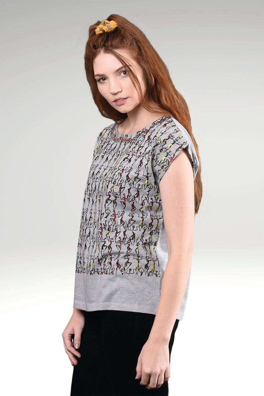 Farica African Dancing Figure Printed & Embroidered Cotton Jersey Sleeveless Tee