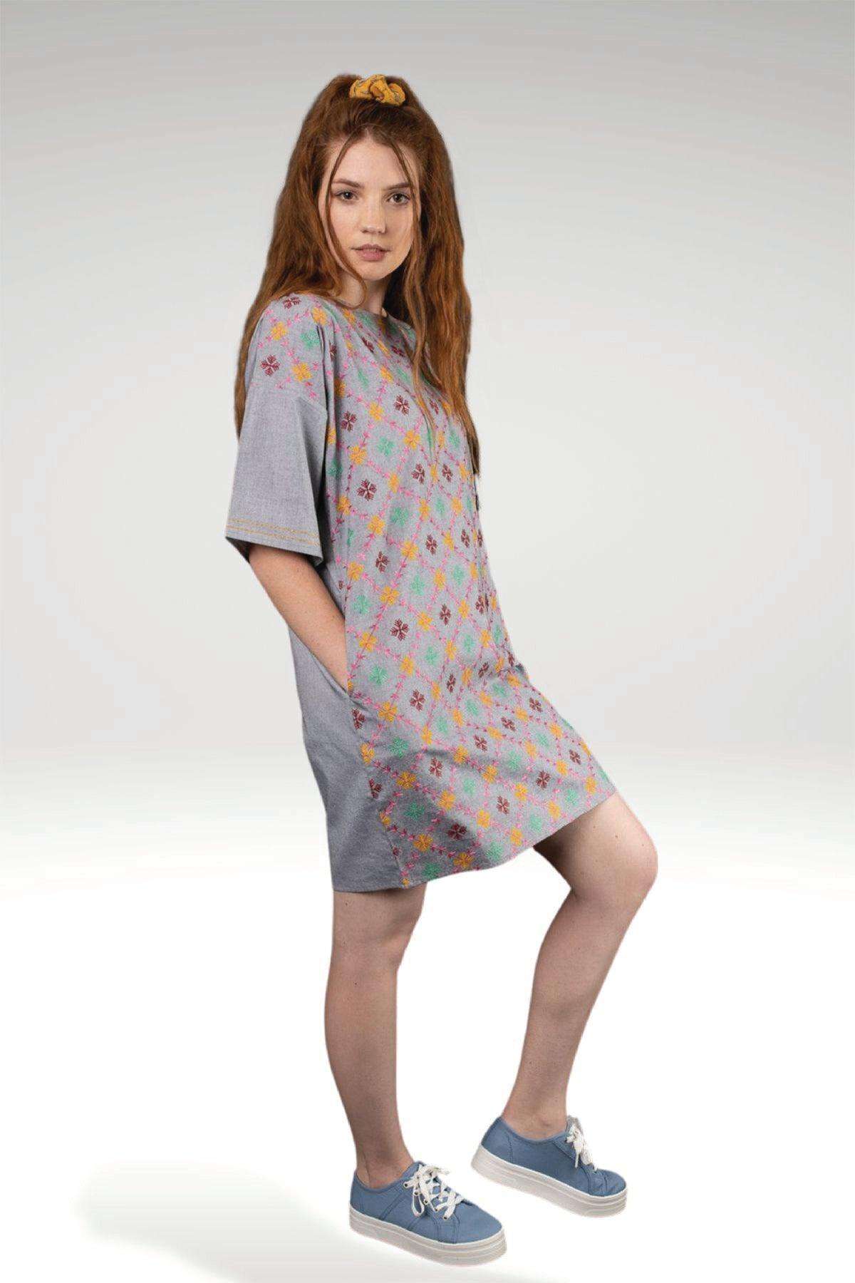 Feirouz Grey Chambray Embroidered Shift Dress with Tapered Hem