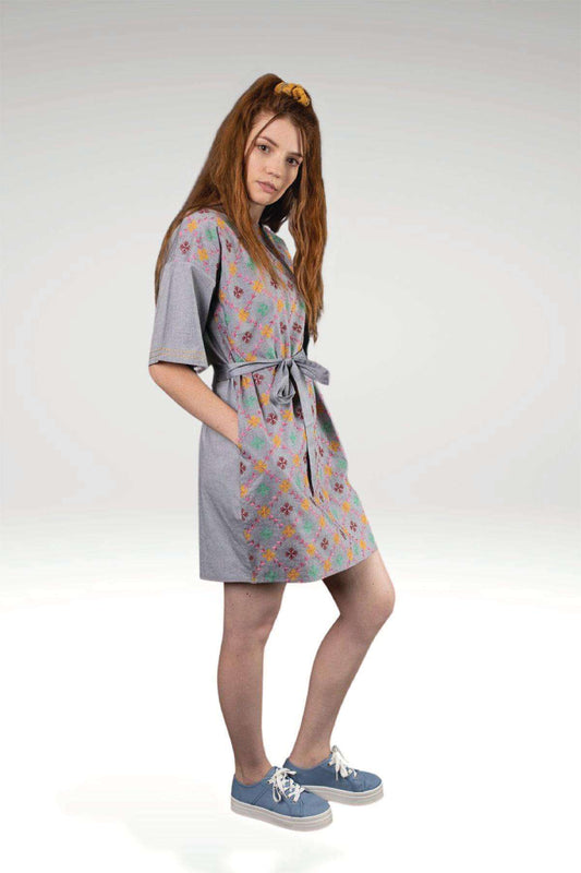 Feirouz Grey Chambray Embroidered Shift Dress with Tapered Hem