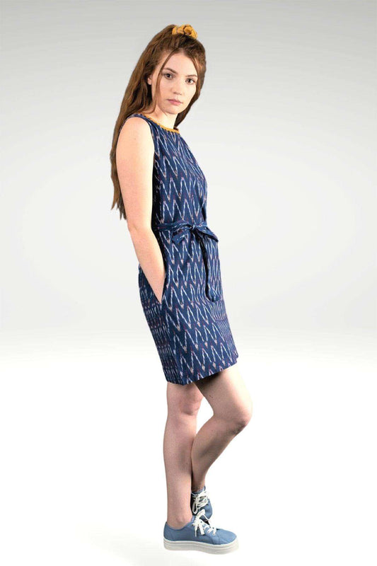 Fida Blue Ikat Cotton Shift Dress with Yellow Embroidery