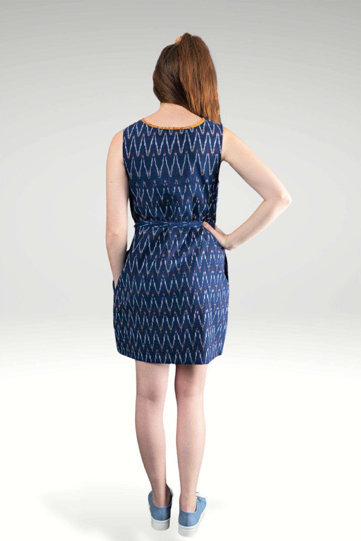 Fida Blue Ikat Cotton Shift Dress with Yellow Embroidery