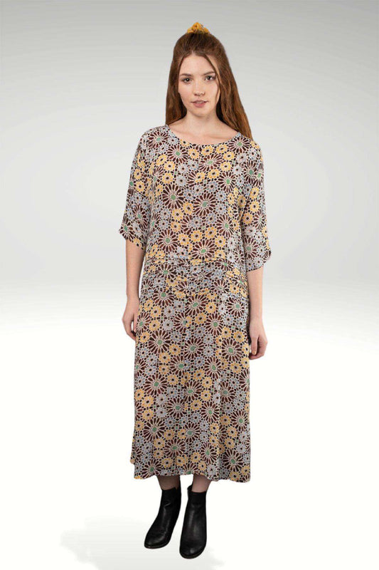 Helen Brown Turquoise Moroccan Print Boho Dress