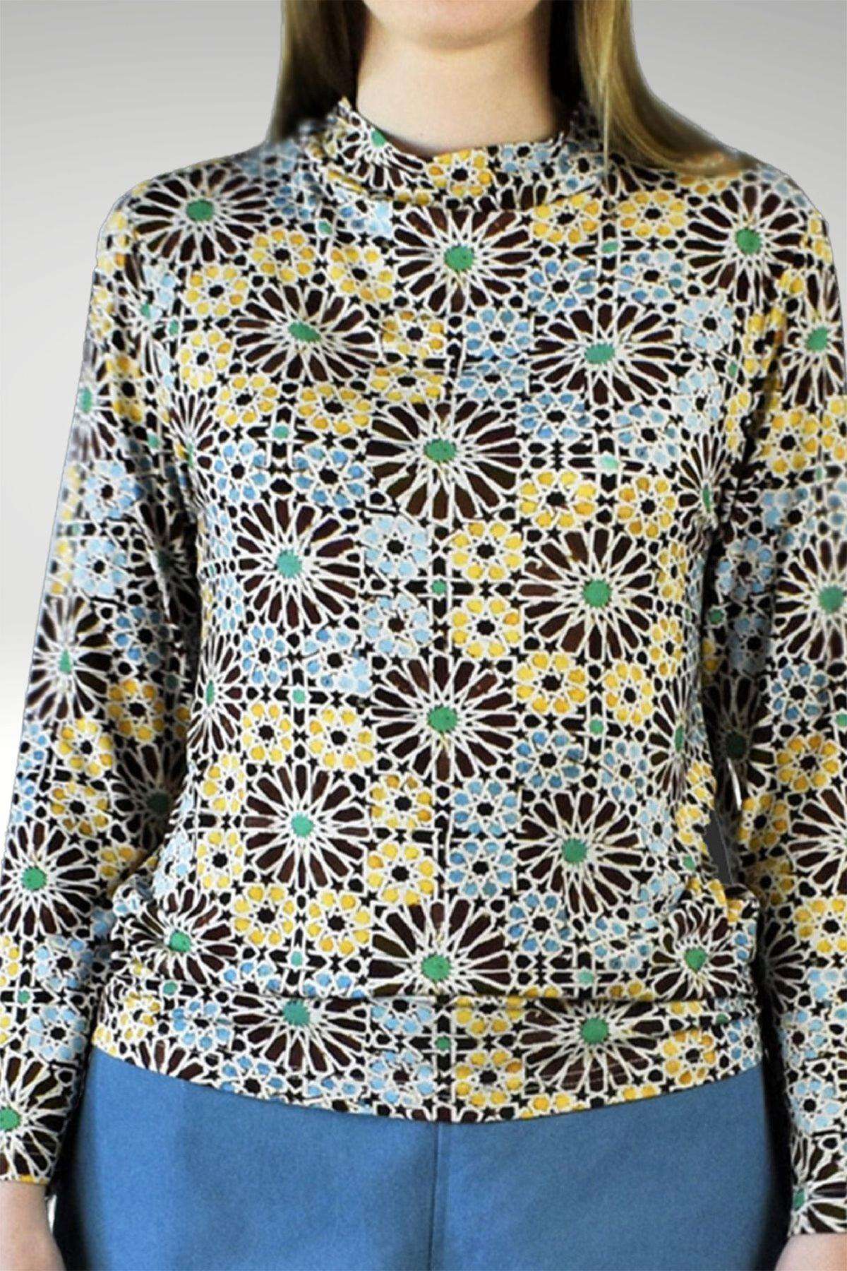 Jewel Brown Turquoise Moroccan Print Viscose Stretch Top