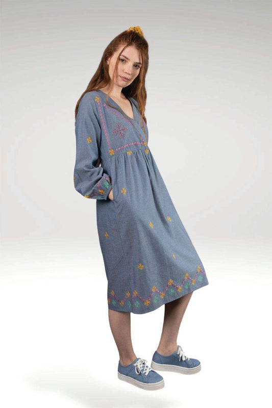 Layla Blue Chambray Embroidered Mock Wrap Dress