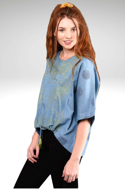 Madisson Light Blue Lime Embroidered Denim Oversized Boho Top