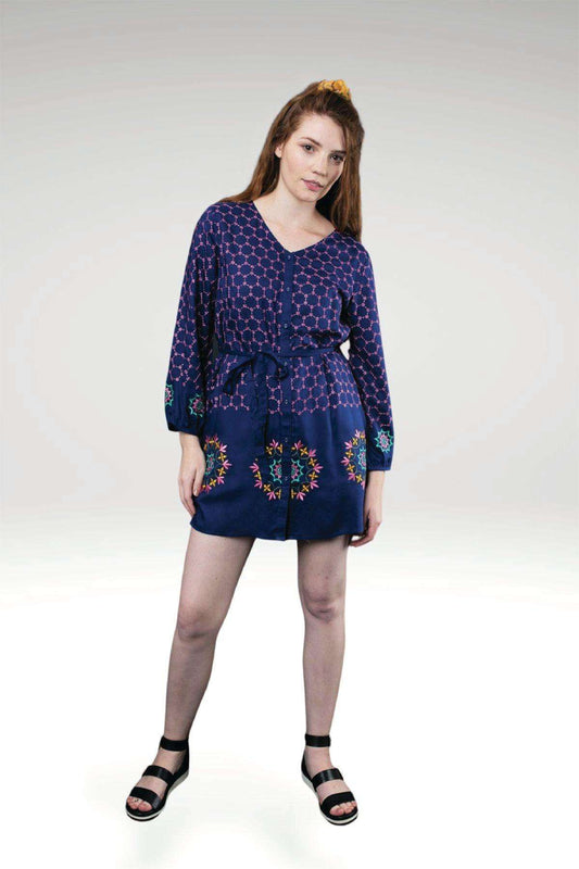 Melika Dark Blue Modal Embroidered Tunic Dress with Mandala Hem Border