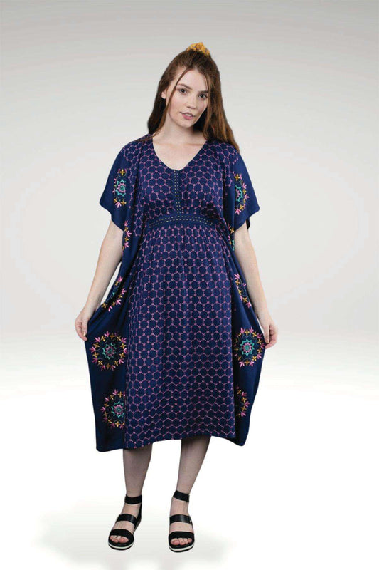 Persis Dark Blue Modal Embroidered Kaftan with Mandala Hem Border
